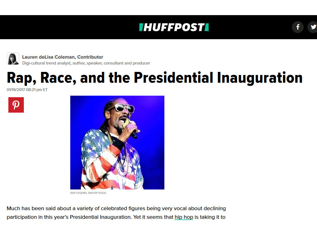 Screenshot of Huffpost Article 'Rap,Race and Presidential Inauguration' written by Lauren deLisa Coleman